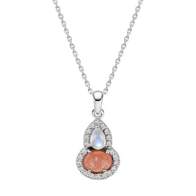 Sterling Silver Peach Moonstone and Rainbow Moonstone Pendant With chain 18 Inches