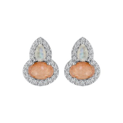 Sterling Silver Peach Moonstone and Rainbow Moonstone Earrings