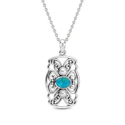 Sterling Silver Turquoise and Freshwater Pearl Pendant With Chain 18 Inches