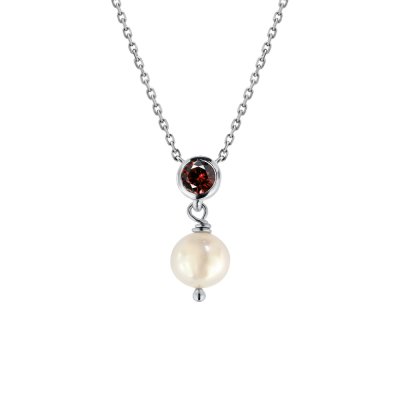 Sterling Silver Garnet and Freshwater Pearl Necklace With Chain 18 Inches