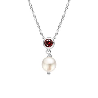Sterling Silver Garnet and Freshwater Pearl Necklace With Chain 18 Inches