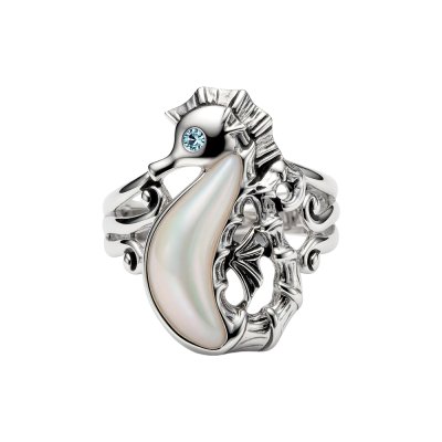 Sterling Silver Mother of Pearl With Swiss Blue Topaz Seahorse Ring