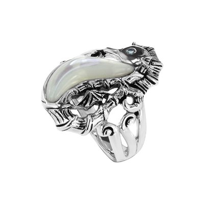Sterling Silver Mother of Pearl With Swiss Blue Topaz Seahorse Ring