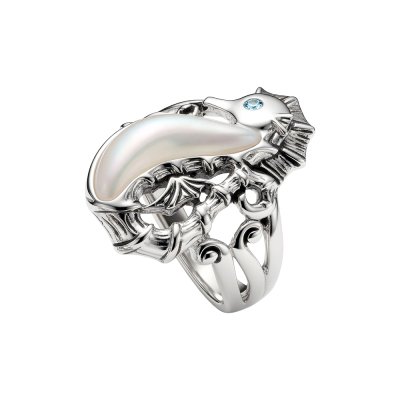 Sterling Silver Mother of Pearl With Swiss Blue Topaz Seahorse Ring