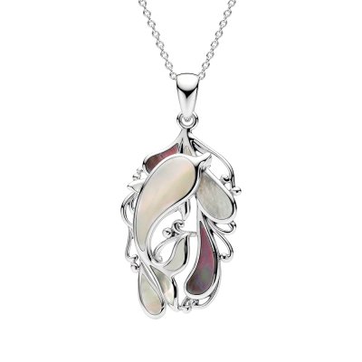 Sterling Silver Black And White Mother of Pearl Dolphin Pendant With Chain 18 Inches