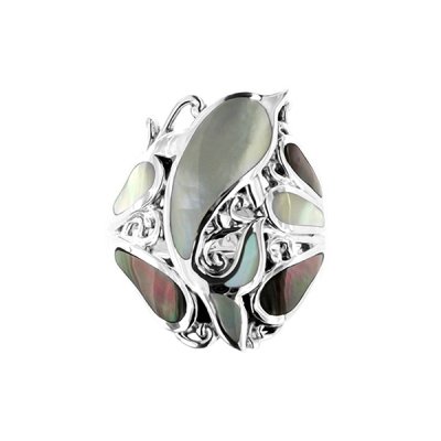 Sterling Silver Black And White Mother of Pearl Dolphin Ring