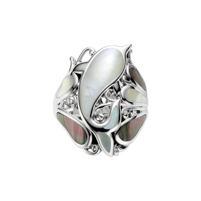 Sterling Silver Black And White Mother of Pearl Dolphin Ring