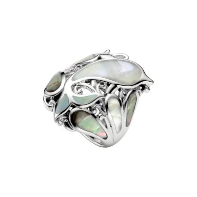 Sterling Silver Black And White Mother of Pearl Dolphin Ring
