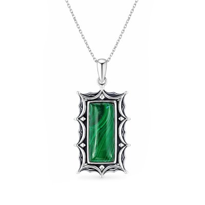 Sterling Silver Malachite Pendant With Chain 18 Inches