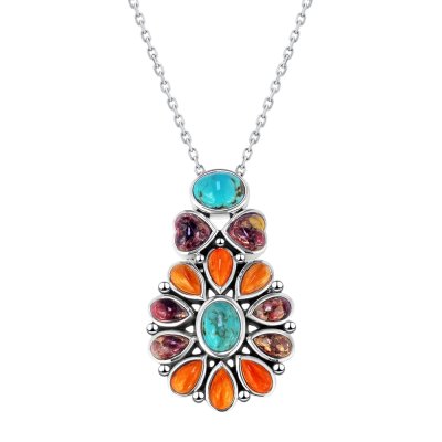 Sterling SilverTurquoise & Multi-Color Spiny Oyster Pendant With Chain 18 Inches