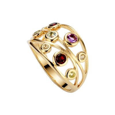 Sterling Silver  Multi Gemstone Ring Over 18K Yellow Gold Plated