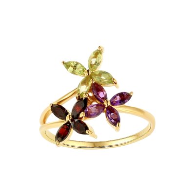 Sterling Silver  Garnet, Amethyst and Peridot Flower Ring Over 18K Yellow Gold Plated