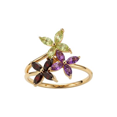 Sterling Silver  Garnet, Amethyst and Peridot Flower Ring Over 18K Yellow Gold Plated