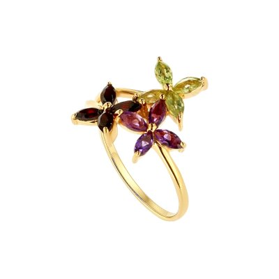 Sterling Silver  Garnet, Amethyst and Peridot Flower Ring Over 18K Yellow Gold Plated