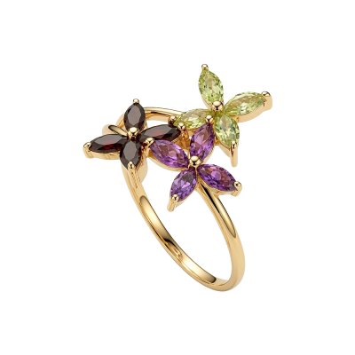 Sterling Silver  Garnet, Amethyst and Peridot Flower Ring Over 18K Yellow Gold Plated