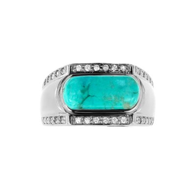 Sterling Silver Turquoise White Zircon Men's Ring Over Black Rhodium Plated