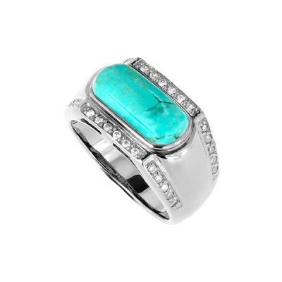 Sterling Silver Turquoise White Zircon Men's Ring Over Black Rhodium Plated