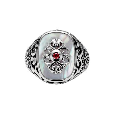Sterling Silver Mother of Pearl & Garnet Men's  Ring