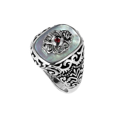 Sterling Silver Mother of Pearl & Garnet Men's  Ring