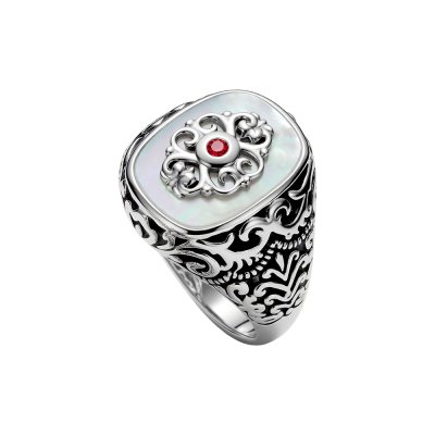 Sterling Silver Mother of Pearl & Garnet Men's  Ring