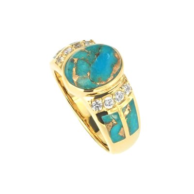 Sterling Silver Mohave Blue Turquoise & White Topaz Ring Over 18K Yellow Gold Plated