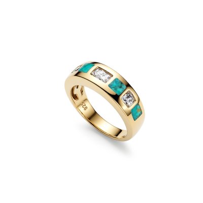 Sterling Silver Mohave Blue Turquoise & White Topaz  Ring Over 18K Yellow Gold Plated