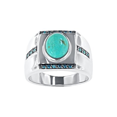 Sterling Silver Blue Kingman Turquoise & Blue Cubic Zirconia Men's  Ring