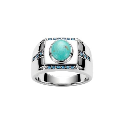 Sterling Silver Blue Kingman Turquoise & Blue Cubic Zirconia Men's  Ring