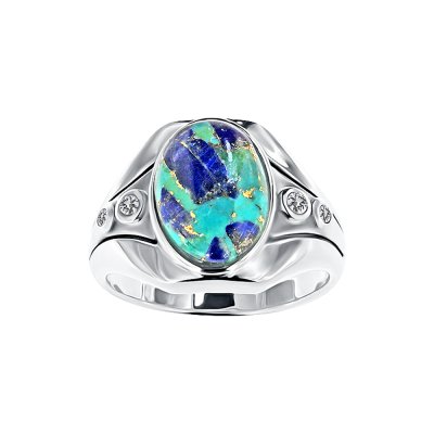 Sterling Silver Turquoise With Lapis & White Cubic Zirconia Men's  Ring