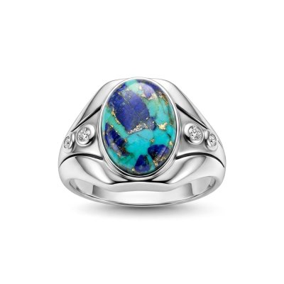 Sterling Silver Turquoise With Lapis & White Cubic Zirconia Men's  Ring