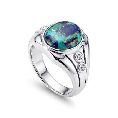 Sterling Silver Turquoise With Lapis & White Cubic Zirconia Men's  Ring