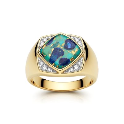 Sterling Silver Turquoise With Lapis & White Cubic Zirconia Men's  Ring Over 18K Yellow Gold Plated