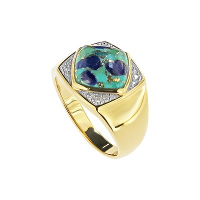 Sterling Silver Turquoise With Lapis & White Cubic Zirconia Men's  Ring Over 18K Yellow Gold Plated