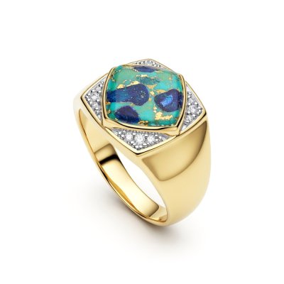 Sterling Silver Turquoise With Lapis & White Cubic Zirconia Men's  Ring Over 18K Yellow Gold Plated
