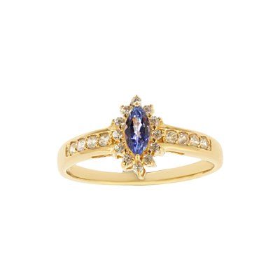 Sterling Silver Tanzanite & White Zircon Ring Over 18K Yellow Gold Plated