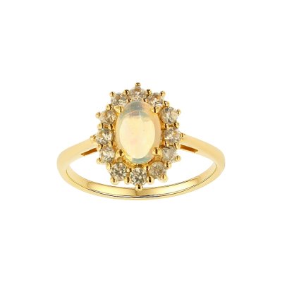 Sterling Silver Ethiopian opal & White Zircon Ring Over 18K Yellow Gold Plated