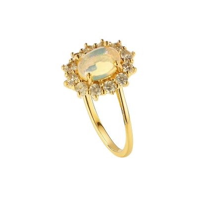 Sterling Silver Ethiopian opal & White Zircon Ring Over 18K Yellow Gold Plated