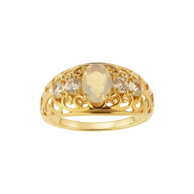 Sterling Silver Ethiopian opal & White Zircon Ring Over 18K Yellow Gold Plated