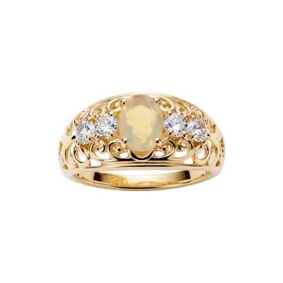 Sterling Silver Ethiopian opal & White Zircon Ring Over 18K Yellow Gold Plated