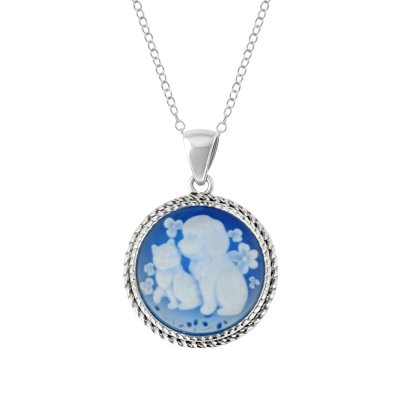 Sterling Silver Blue Agate Dog and Cat Cameo Pendant With Chain 18 Inches