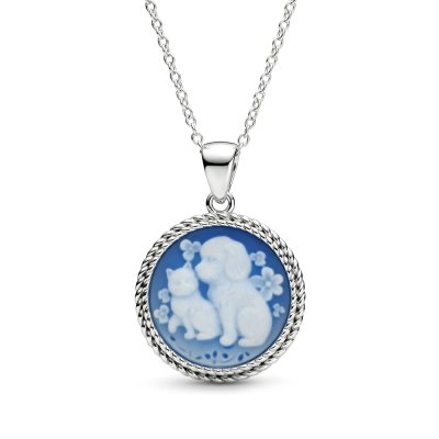 Sterling Silver Blue Agate Dog and Cat Cameo Pendant With Chain 18 Inches