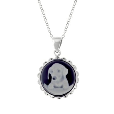 Sterling Silver Black Agate Dog Cameo Pendant With Chain 18 Inches