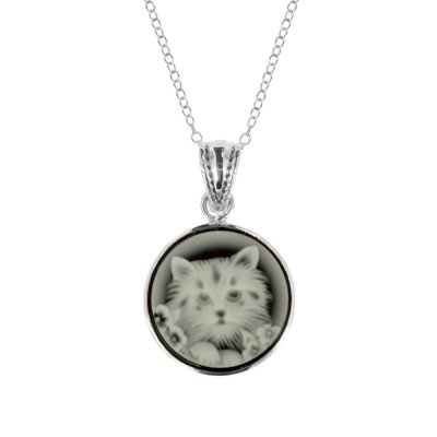 Sterling Silver Black Agate Cat Cameo Pendant With Chain 18 Inches
