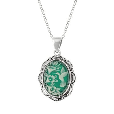 Sterling Silver Green Agate Hummingbird Cameo Pendant With Chain 18 Inches