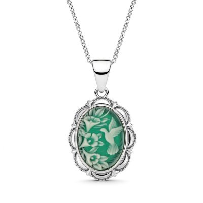 Sterling Silver Green Agate Hummingbird Cameo Pendant With Chain 18 Inches