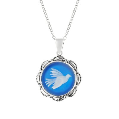 Sterling Silver Blue Agate Dove Cameo Pendant With Chain 18 Inches