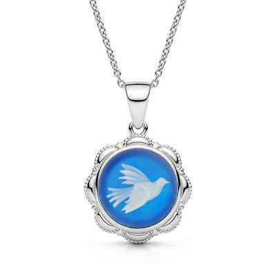 Sterling Silver Blue Agate Dove Cameo Pendant With Chain 18 Inches