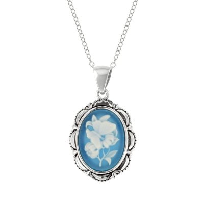 Sterling Silver Blue Agate Butterfly Cameo Pendant With Chain 18 Inches
