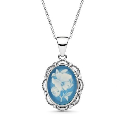 Sterling Silver Blue Agate Butterfly Cameo Pendant With Chain 18 Inches