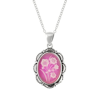 Sterling Silver Pink Agate Daffodil Cameo Pendant With Chain 18 Inches